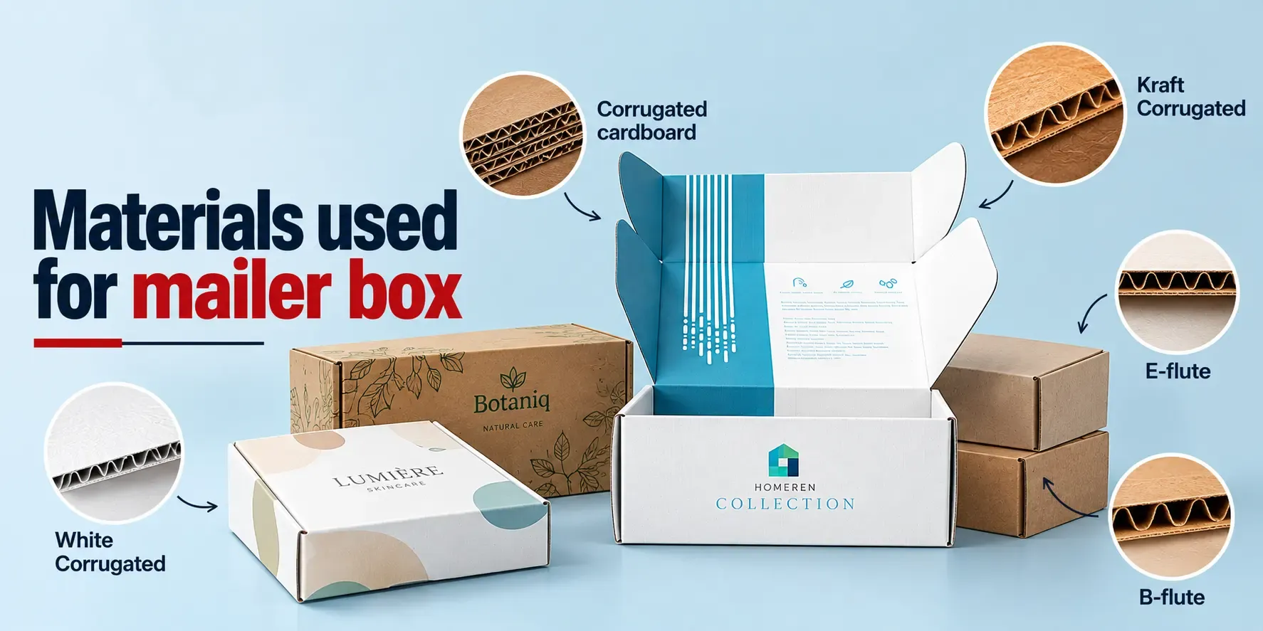 Materials used for custom mailer boxes, including kraft corrugated cardboard, white corrugated board, E flute, and B flute